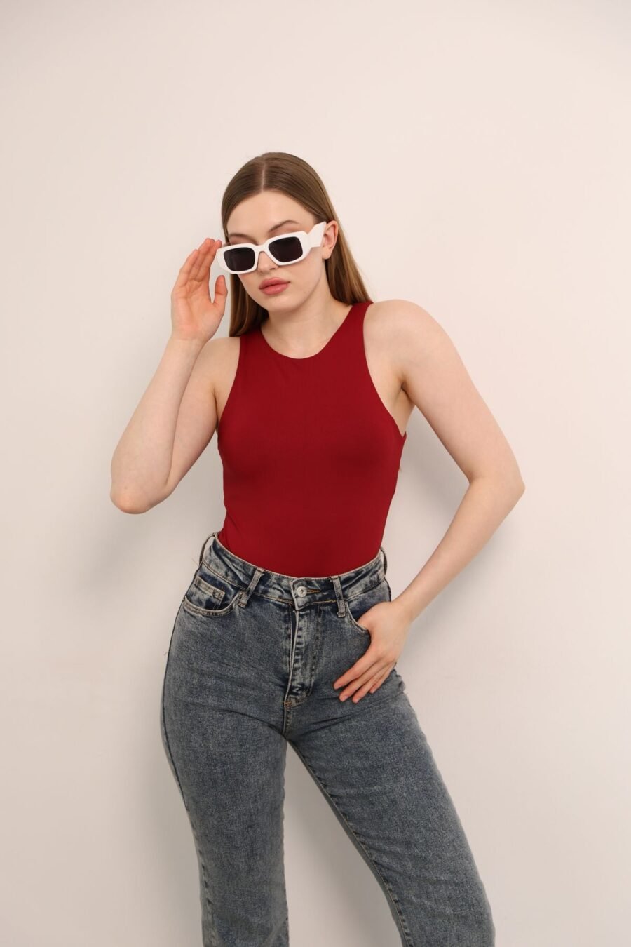 Siyah - Bordo  Halter Yaka Vücuda Oturan Esnek Alttan Çıtçıtlı Örme Body - Görsel 4