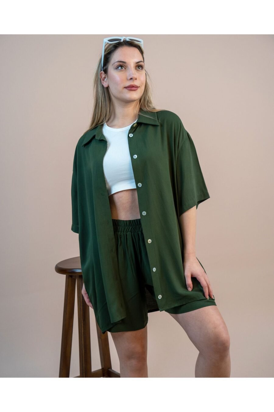 Haki Oversize Gömlek Şort Takım