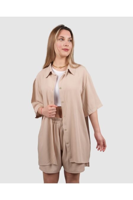 Bej Oversize Gömlek Şort Takım