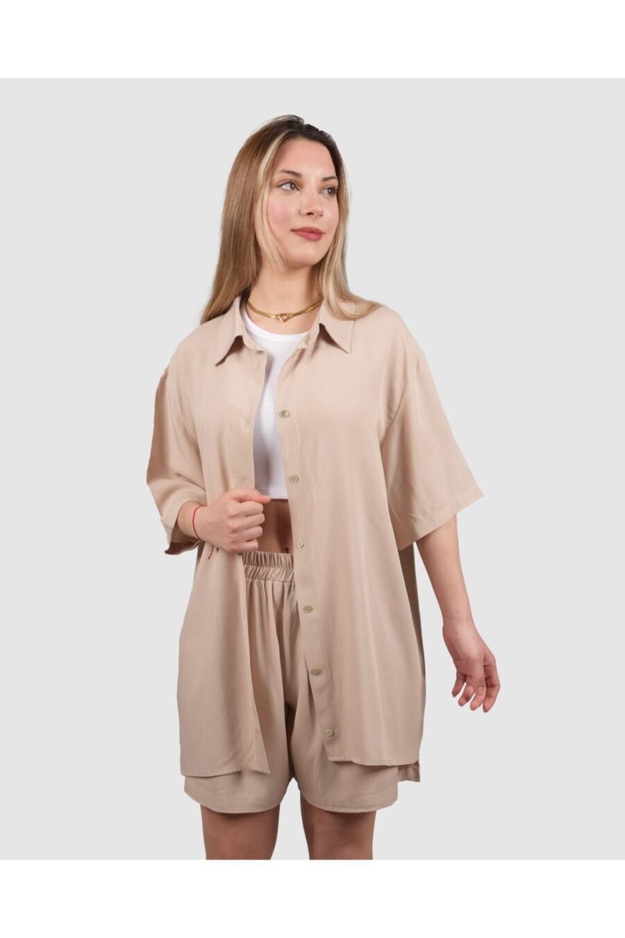 Bej Oversize Gömlek Şort Takım