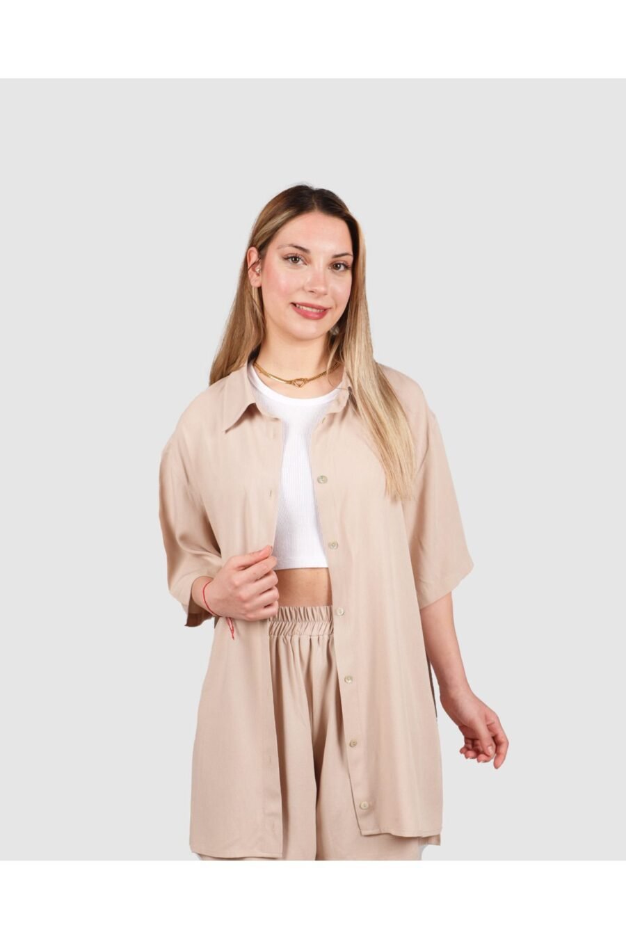 Bej Oversize Gömlek Şort Takım - Görsel 2