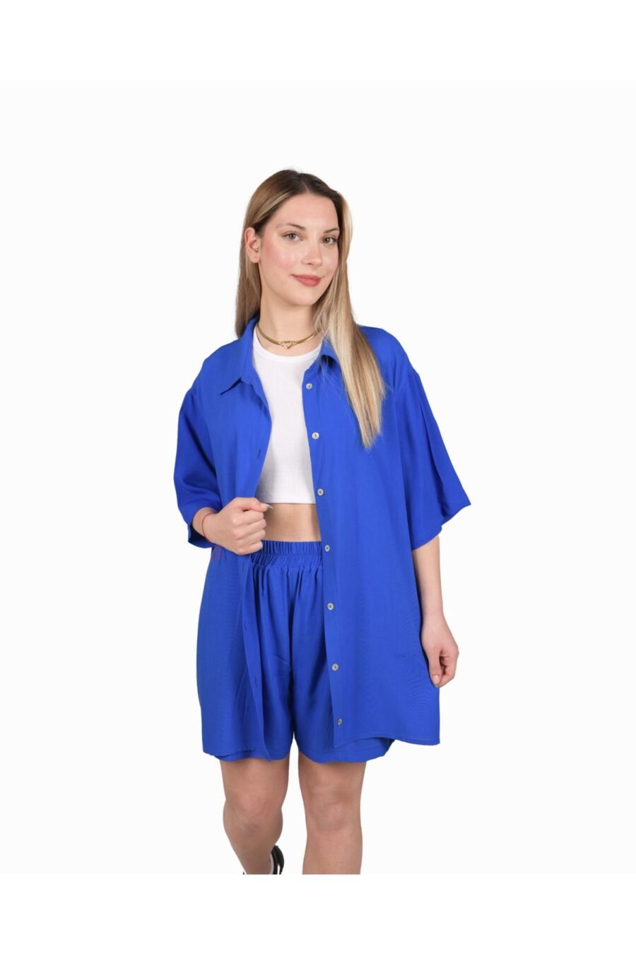 Saks Mavisi Oversize Gömlek Şort Takım