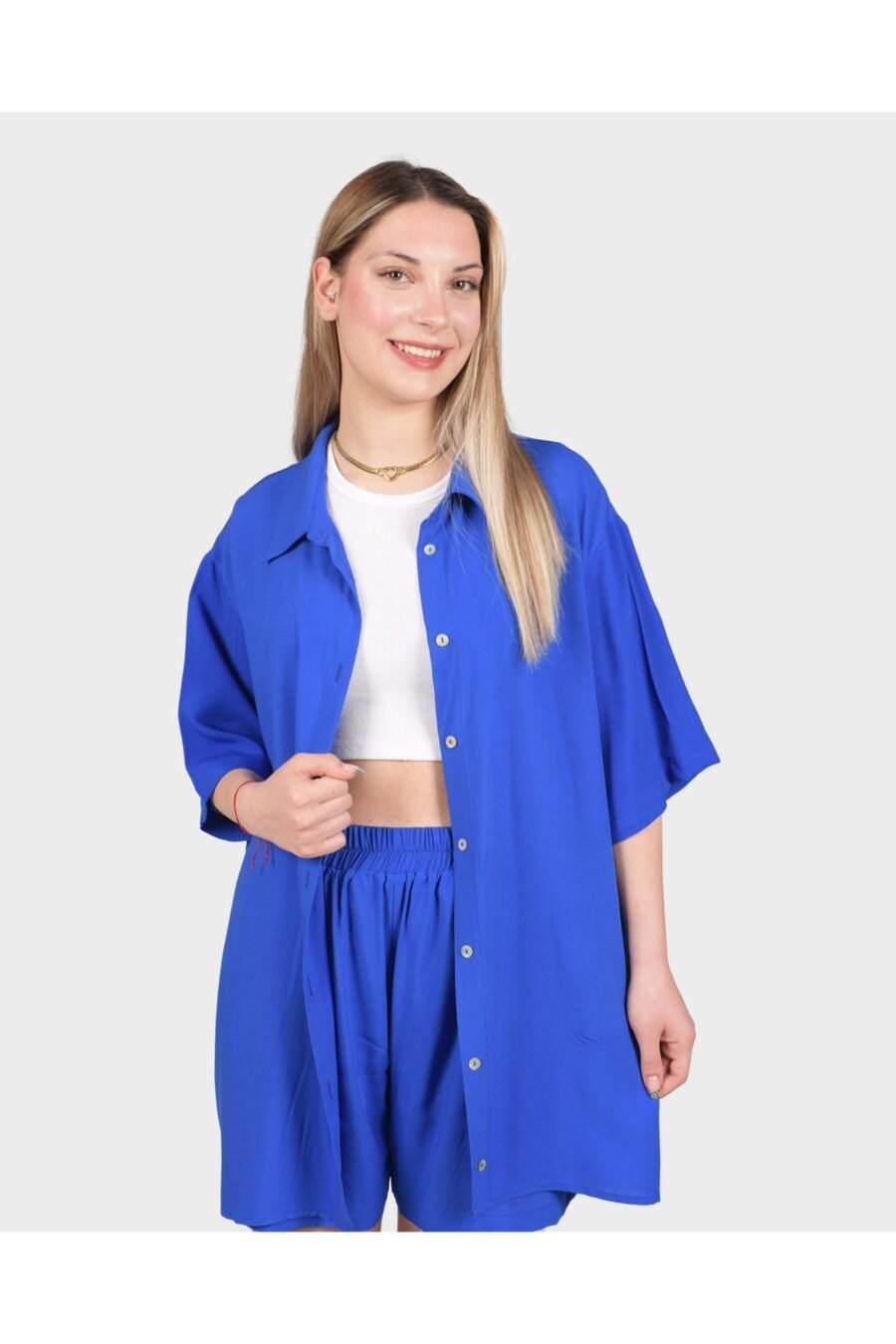 Saks Mavisi Oversize Gömlek Şort Takım - Görsel 2