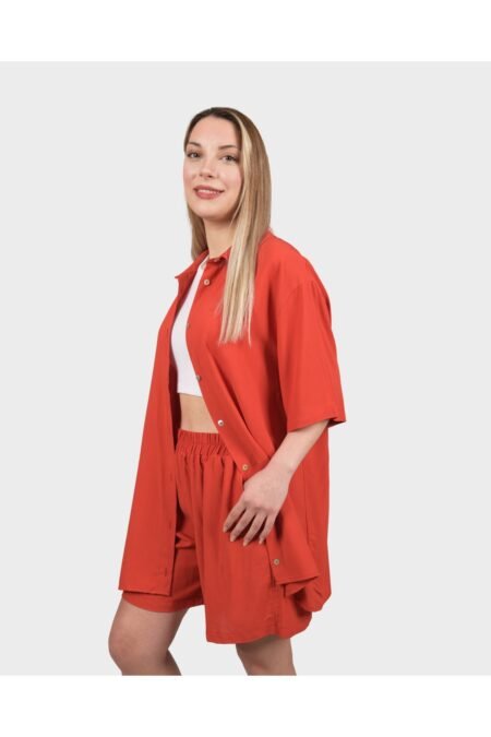 Kiremit Oversize Gömlek Şort Takım