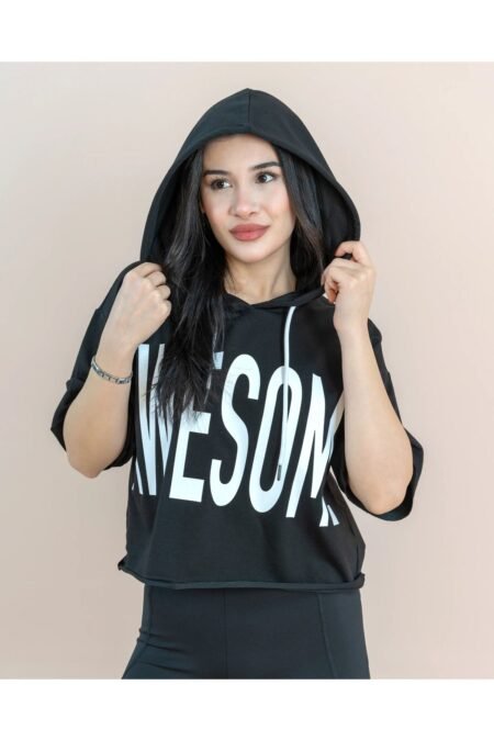 Spor Crop Kapşonlu Oversize Kısa Kollu T-Shirt