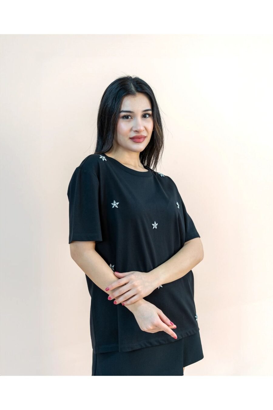 Parlak Taşlı Tişört Bisiklet Yaka Kısa Kollu - Görsel 4