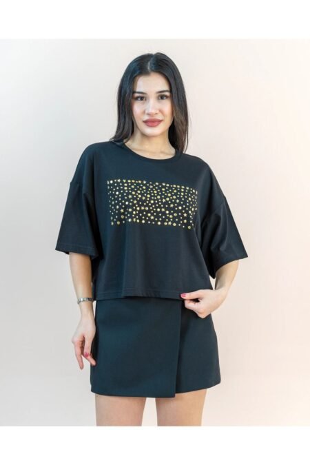 Kadın Oversize Crop Siyah Gold Detaylı  T-shirt