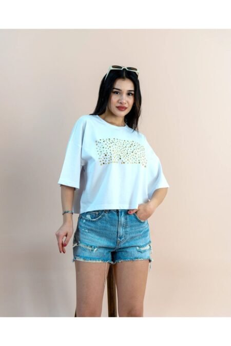 Kadın Oversize Crop  Beyaz Gold Detaylı T-shirt