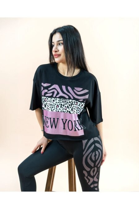 Kadın Oversize Crop T-shirt Siyah Baskılı