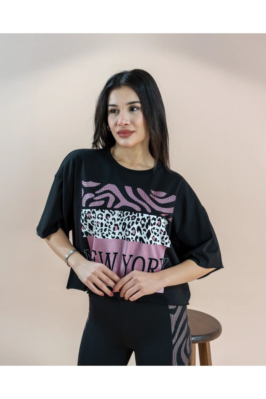 Kadın Oversize Crop T-shirt Siyah Baskılı - Görsel 2