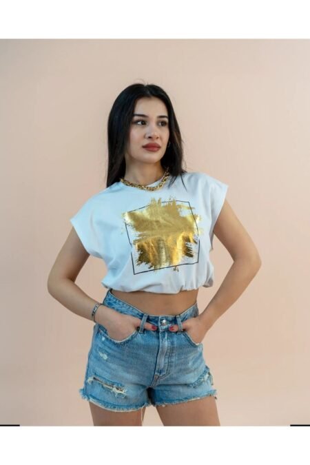 Beyaz  Kolsuz Crop T-shirt