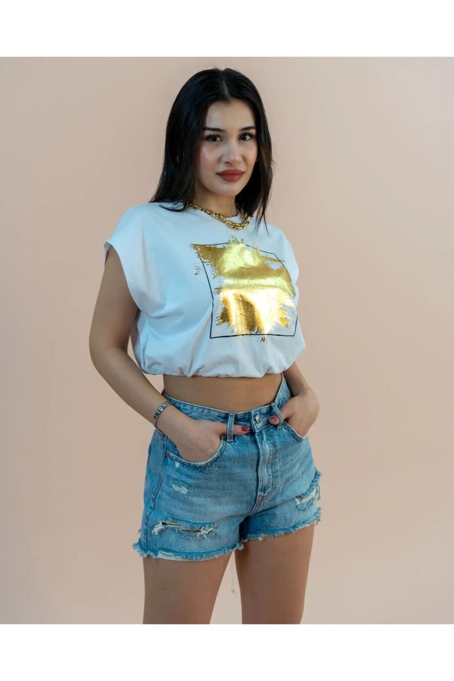 Beyaz  Kolsuz Crop T-shirt - Görsel 2